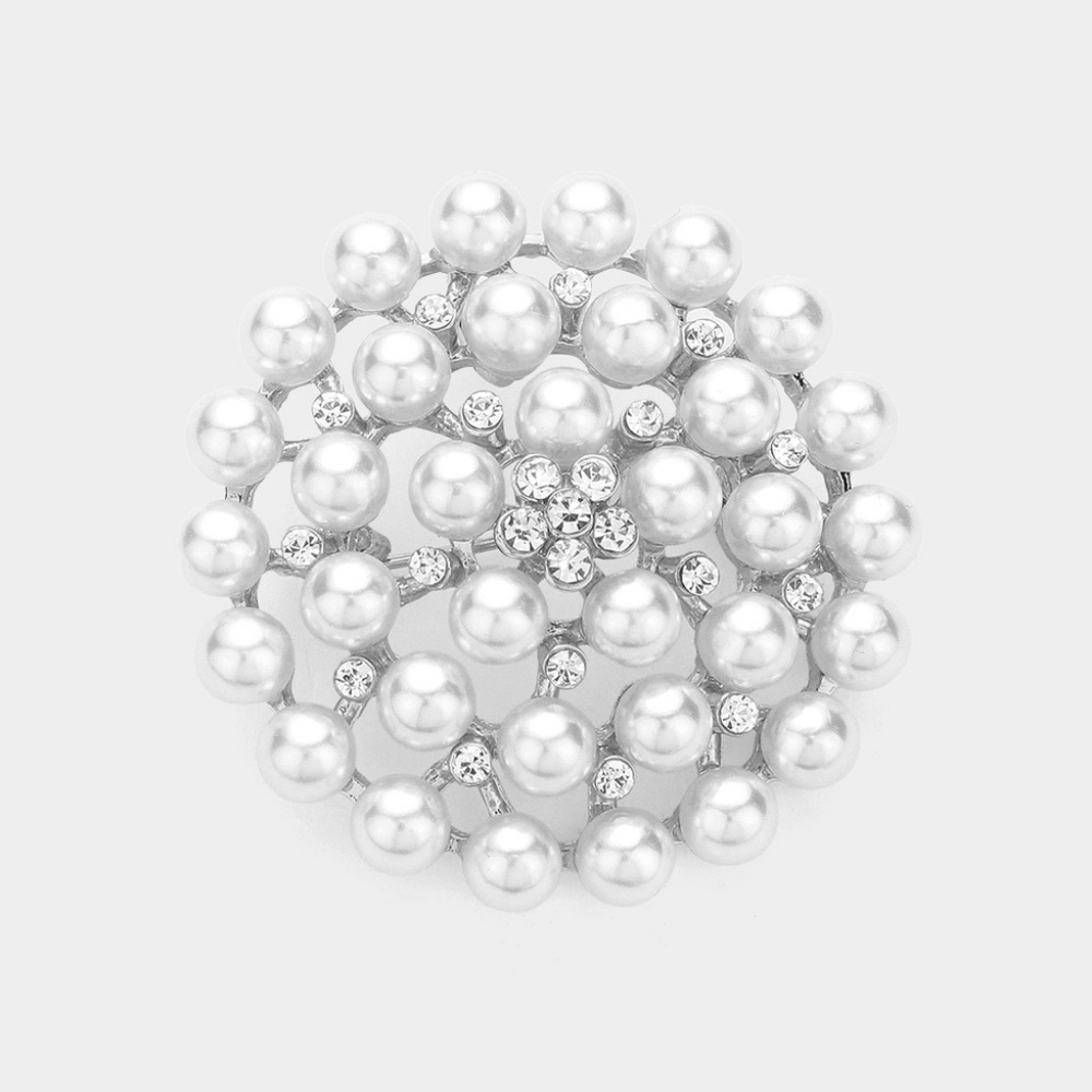 Silver White Pearl Brooch Crystal Pin 1.75" Circle Rhinestones Bling Accessory